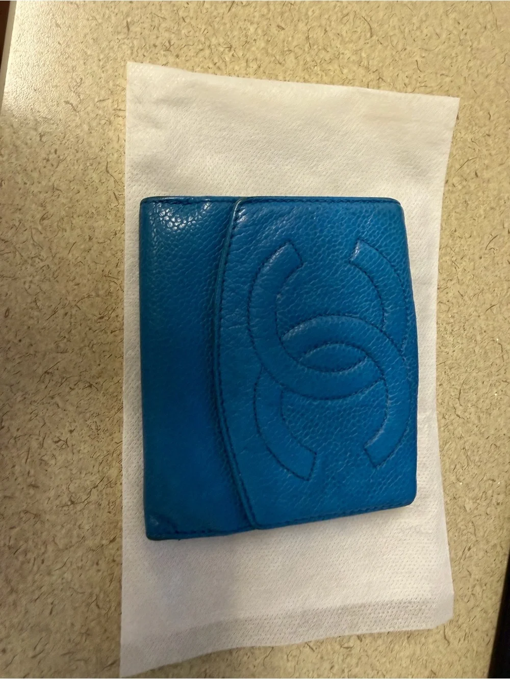 CHANEL Blue Leather Card & Key Holder with Embossed CC
